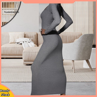 [Hw] Muỗng Cổ Áo Chui Đầu Dài Tay Hông Quấn Đầm Nữ Xuân Thu Màu Trơn Bodycon Đầm Maxi Dạo Phố