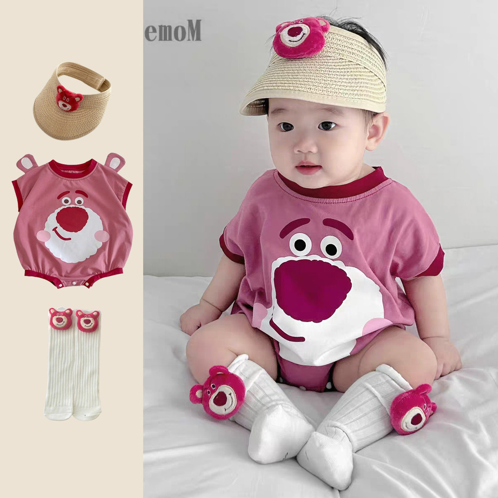 Thời Trang Mùa Hè Tay Ngắn Hoạt Hình Dễ Thương Gấu Áo Liền Quần Cho Bé + Mũ + Tất 0-2 Tuổi Sơ Sinh Bé Trai Và Bé Gái Body