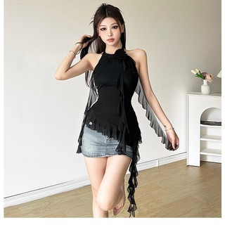 Kliou 2024 Cô Gái Cay 3D Hoa Ôm Treo Cổ Tank Top Với Nữ Ruffle Edge Nối Không Đều Top