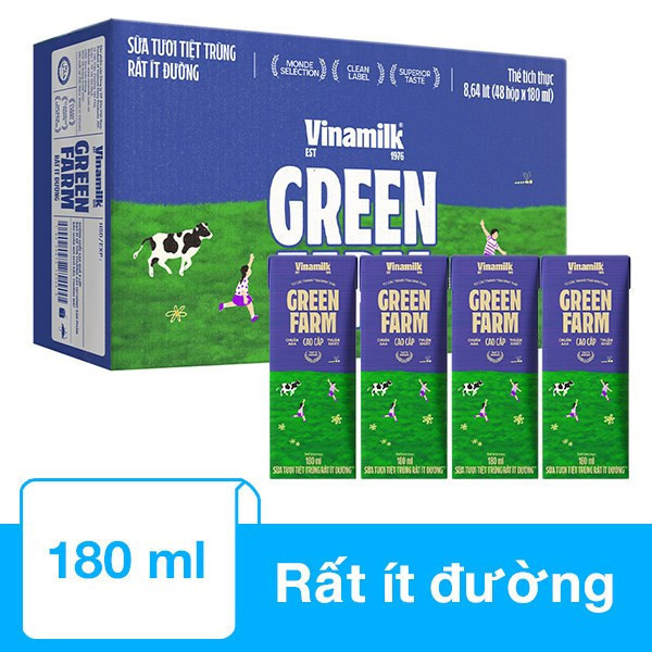 [Vinamilk] Thùng 48 Hộp Sữa Tươi Tiệt Trùng Vinamilk Green Farm Rất Ít Đường - 180ml/hộp
