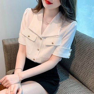 Pháp Ve Áo Sơ Mi Voan Tay Ngắn Nữ Mùa Hè 2025 Phong Cách Mới Chuyên Nghiệp Đi Lại Hàng Đầu Thiết Kế Cao Cấp Áo Sơ Mi