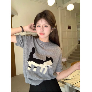 Áo baby tee Áo Coquette Tay Ngắn Áo Kiểu Nữ ôm body Mùa Xuân Hè 2024 Phong Cách Mới Màu Xám Jacquard Áo Thun Nữ Thiết Kế Rời Cổ Tròn Áo Len Bên Trong Tay Ngắn Top ins