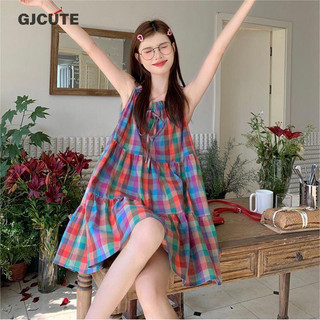 Gjcute Mùa Hè Nhiều Màu Không Tay Mini Đầm Nơ Ngọt Kẻ Sọc Rời Chữ A Váy WTD