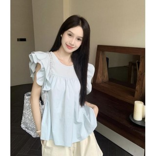 Pháp Xanh Nhỏ Bay Tay Áo Sơ Mi 2024 Phong Cách Mới Nữ Mùa Hè Sang Trọng Độc Đáo Thời Trang Áo Sơ Mi Nhỏ Đẹp Tuổi Giảm Hàng Đầu