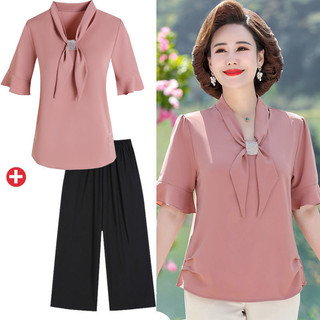 Bộ đồ mùa hè hợp thời trang Áo sơ mi voan ngắn tay hai mảnh dành cho người cao tuổi trung niên mùa hè giữa @ -