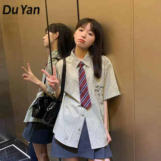 DU YAN Áo sơ mi ngắn tay sọc xanh phong cách đại học Nhật Bản dành cho nữ