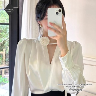 Áo sơ mi dài tay kiểu Pháp satin nữ phiên bản Hàn Quốc cổ chữ V dáng rộng xếp nếp áo sơ mi khí chất