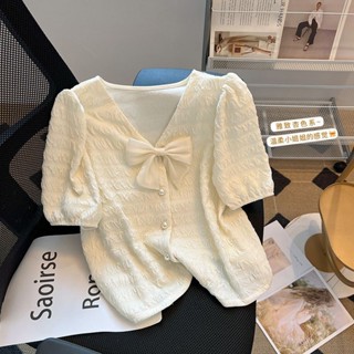 Mùa Hè Cổ Chữ V Áo Sơ Mi Nữ Tay Phồng Thiết Kế Tay Ngắn Niche Ngắn Rời Cardigan Nơ Top Hợp Thời Trang Nữ