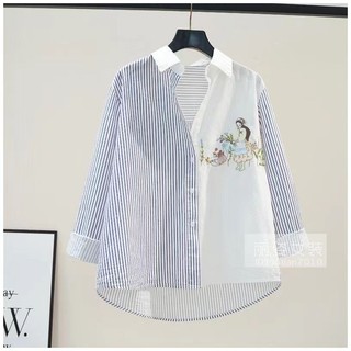 Áo sơ mi thêu Cotton trắng sọc xanh nữ mùa xuân 2024 Phong cách mới Phong cách văn học Áo sơ mi trắng dài tay