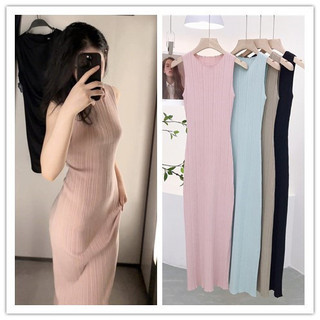 7553 Nhẹ Nhàng Lớn Em Gái 14Pin Mùa Hè Ngẫu Nhiên Hố Thiết Kế Cổ Tròn Không Tay Chia Áo Vest Đầm Dài Đầm