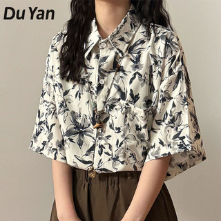 Du YAN Áo sơ mi ngắn tay in hình mực và giặt Áo sơ mi dài vừa phải phong cách Trung Quốc mới