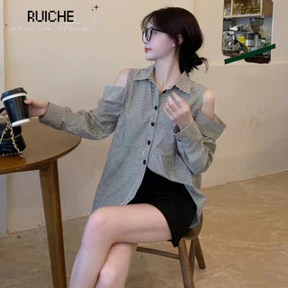 Ruiche Áo sơ mi sọc dài tay có họa tiết vai buổi tối, quần áo nữ thời trang Hàn Quốc