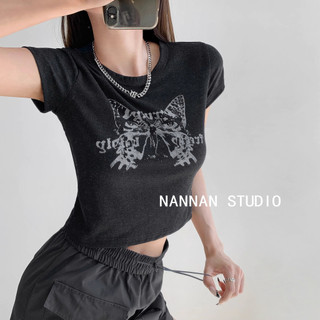 Áo baby tee Áo Thun ôm body Áo y2k Áo thun ngắn tay mỏng in màu đen cho nữ tay ngắn