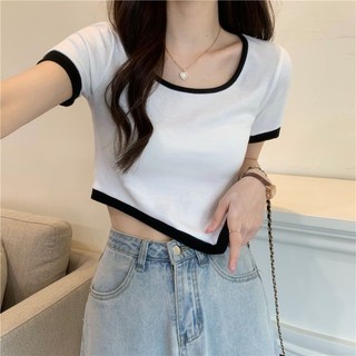 Thiết Kế Không Đều Cổ Thấp Phối Màu Áo Thun Ngắn Tay Mùa Hè Cao Cấp Thời trang Slim-Fit Bên Ngoài