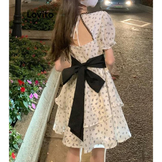 Đầm Lovito đính nơ màu trơn thường ngày cho nữ LNA52196