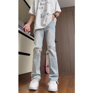 Quần Jean Rách Xanh Nhộn Nam Mùa Hè Mỏng Phong Cách Mỹ High Street vibe Quần Slim-fit Ôm Hơn Nhìn Hơi Thẳng Quần20250302