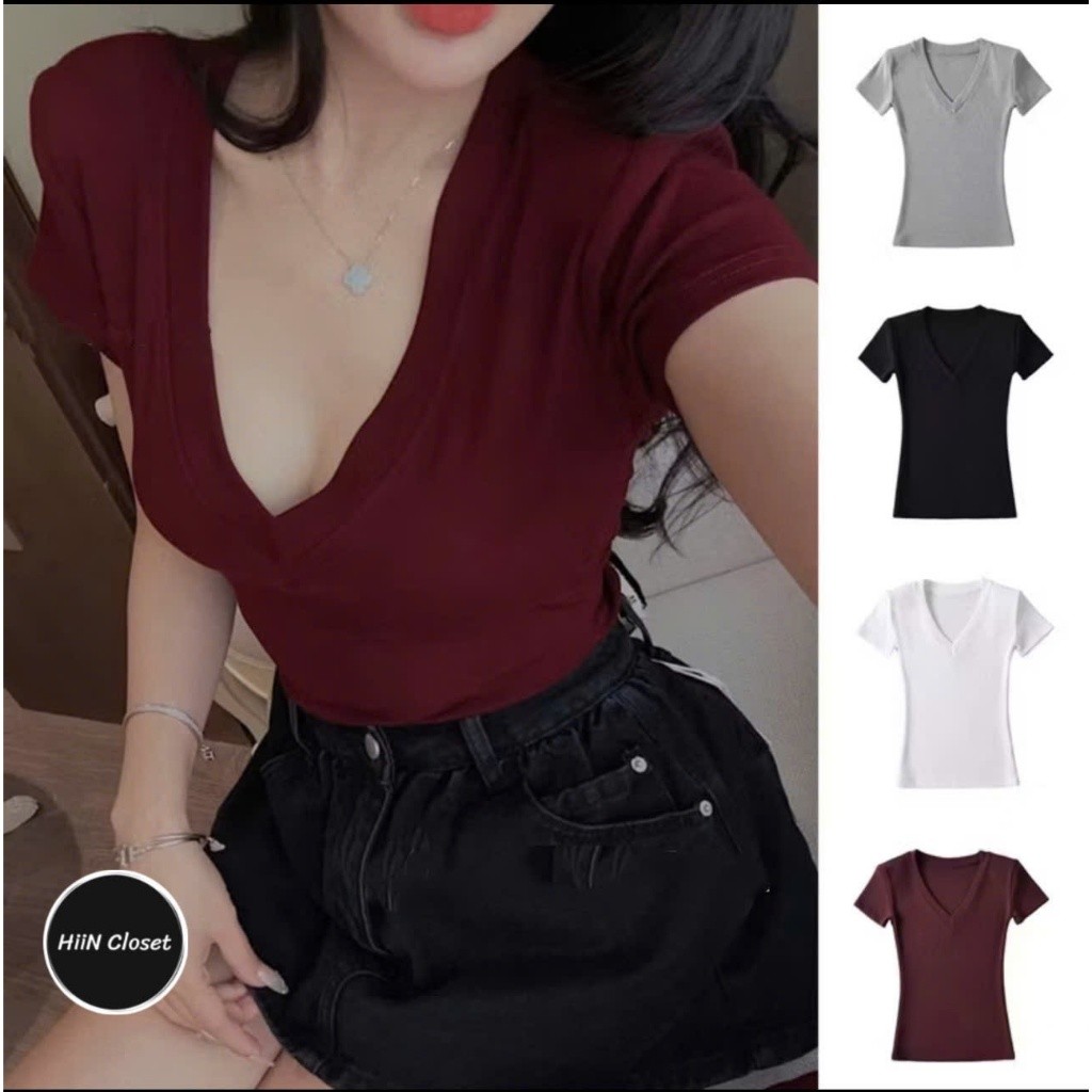 Áo thun nữ cổ tim ngắn tay chất zip co giãn 4c fom cực tôn dáng HiiNClothing - 123