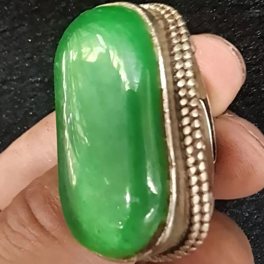 Nhẫn Yên Bạc 925 dát ngọc bích xanh Old Pit High Ice Emperor (Sản xuất tại Qianlong Year) 3-29-9