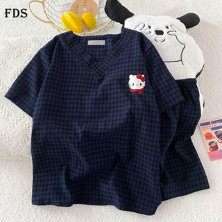 Bộ đồ ngủ cotton mây cổ V mùa hè mới FDS cho phụ nữ, tay ngắn, bộ đồ thư giãn sinh viên hoạt hình