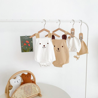 2024 Phong Cách Mới Cho Bé Onesie ins Phong Cách Mùa Hè Bé Nam Nữ Bé Gấu Dễ Thương Không Tay Dây Đeo Onesie Áo Liền Quần Có Mũ Trùm Đầu Hai Mảnh Romper