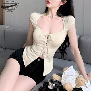 Kaisike Nữ Tay Ngắn Cổ Vuông Thời Trang Thiết Kế Mỏng Áo Thun Dây Rút Phong Cách Hàn Quốc Cô Gái Nóng bỏng Màu Trơn Áo Thường Ngày