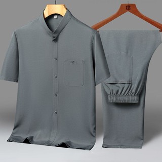 Bố Mặc Mùa Hè Mặc Đường Phù Hợp Với Nam Trung Niên Người Cao Tuổi Nam Mỏng Phong Cách Ice Silk Ông Nội Áo Sơ Mi Tay Ngắn Quần Áo Người Cao Tuổi