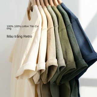 Áo sơ mi Cotton nguyên chất đáy rộng [SP.MEN.FASHION] Áo thun cổ tròn màu trơn thông thường Nhật Bản-HXVN4095