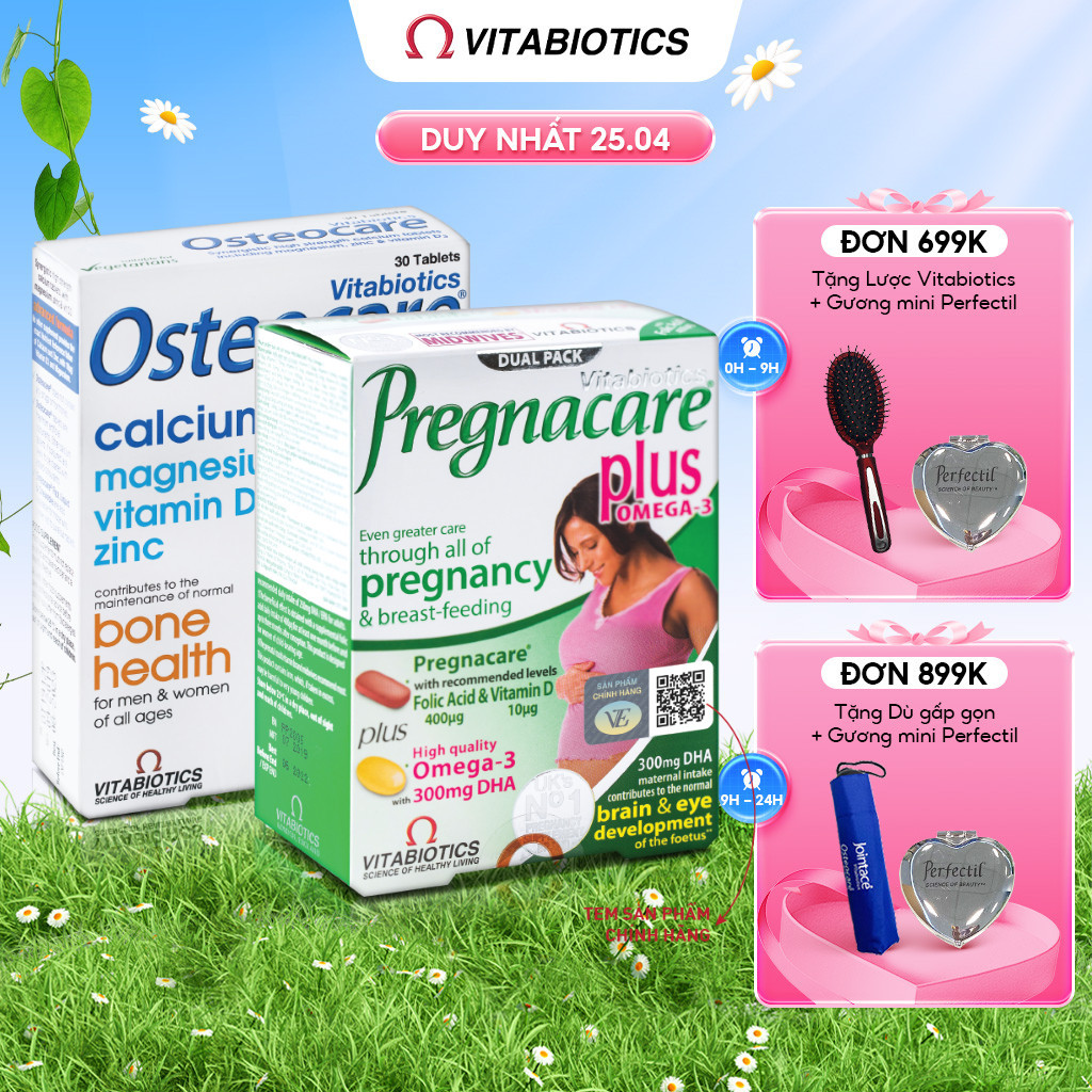 Bộ Sản Phẩm Vitabiotics Tăng Cường Sức Khỏe Cho Mẹ Bầu OSTEOCARE 30 Viên Và PREGNACARE PLUS OMEGA-3 56 Viên