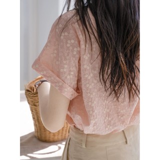 Áo sơ mi ngắn tay thêu Jacquard màu hồng mỏng 2024 Áo kiểu Pháp mới dành cho nữ mùa hè