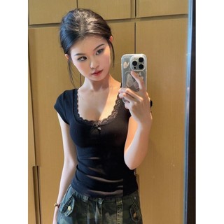 Phong Cách Mỹ Retro Đen Ren Nơ Cổ Chữ U Áo Thun Nữ Mùa Hè Thường Ngày Đa Năng Ngắn Chặt Top