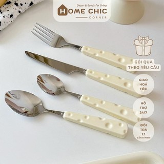 Bộ dao muỗng nĩa decor hình phô mai cute màu kem, phong cách hàn quốc dễ thương | Home Chic Corner