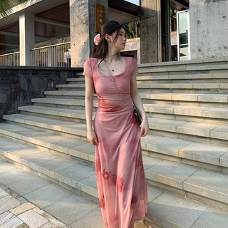 Đầm Size Lớn 2024 Phong Cách Mới Gợi Cảm Thời Trang Skinny Đầm Dài Màu Hồng Tay Ngắn Thường Ngày Dài 40-100KG