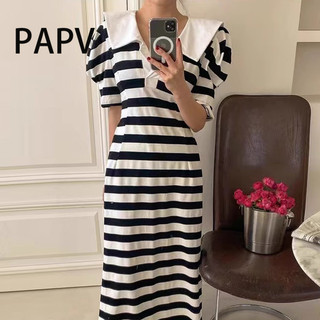 Đầm sọc tay bong bóng tương phản cổ lật Papv Chic 2639