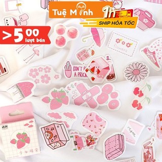 Bộ 50 sticker đồ vật dễ thương STI11, nhãn dán cute hình cây xanh, hộp sữa