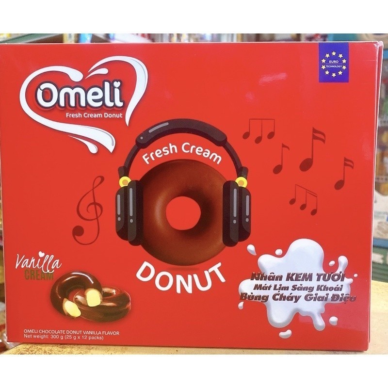 Bánh mềm Donut Omeli nhân kem tươi ( 12 cái x25gam hộp 300gam)