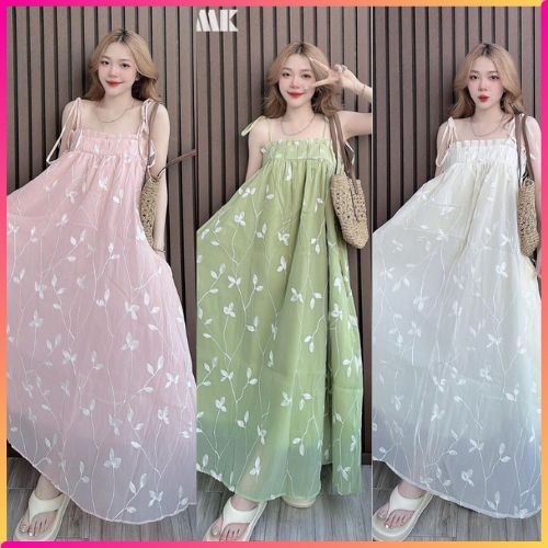 Đầm maxi 2 dây thêu hoa nổi nhún ngực dáng dài đi biển, Váy đầm maxi 2 dây tơ xếp ly ngực thêu hoa đi biển đẹp