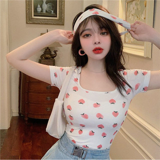 Kii Wii Mùa hè Mới Hàn Quốc Cổ Vuông In Đào Slim Fit Áo Thun Ngắn Nữ 240514