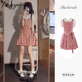 Tingyaxiu Váy chắp vá nữ kẻ sọc đỏ phong cách preppy váy ngọt ngào