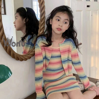WOMA Bộ đồ bé gái cầu vồng treo váy cardigan bộ hai mảnh