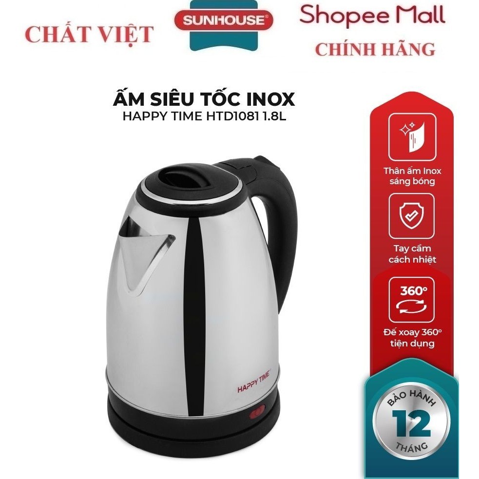 Ấm siêu tốc SUNHOUSE  HAPPY TIME HTD1081, inox, Tự động tắt khi sôi, Cấu tạo đế xoay 360 độ, Công suất 1500W-1.8L