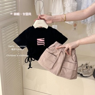 Bộ đồ mùa hè cho bé gái Bộ đồ ngắn tay Bộ đồ mùa hè Bộ đồ bé gái Bộ đồ bé gái Áo thun ngắn tay chữ thời trang Váy quần yếm trượt tuyết