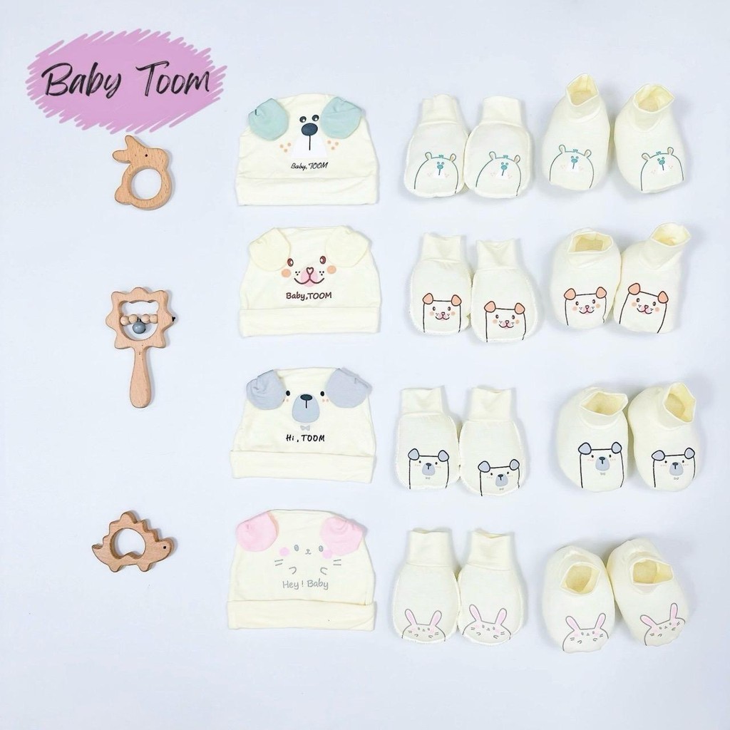 Set mũ bao tay chân màu kem hình thú chất liệu petit mềm mịn thấm hút mồ hôi cho bé sơ sinh MBTC77