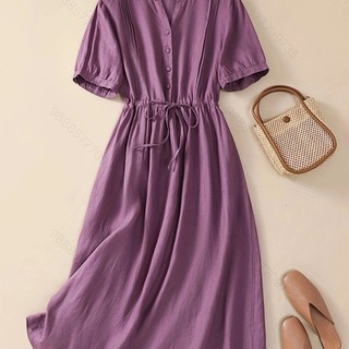 Xj Giảm Giá Tik Tok Tóc Thẳng Màu Trơn Mùa Hè Vải Lanh Cotton Tay Ngắn Đầm Retro Văn Học Sang Trọng Mỏng Hơn Nhìn Phối Ren Rời S