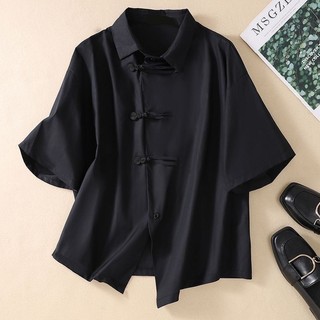 Mới Phong Cách Trung Quốc Top Nữ Mùa Hè Retro Kích Thước Lớn Nút Chéo Áo Sơ Mi Tay Ngắn Béo mm Mỏng Hơn Nhìn Tất Cả Trận Đấu Áo Sơ Mi Đen