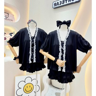 PIJAMA ĐÙI BASIC CỔ REN- KÈM CỘT TÓC