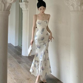 Yuewen Tính Khí Thanh Lịch Người Nổi Tiếng In Gạc Sling Đầm Đuôi Cá Siêu Đẹp Đáy Nẹp Bên Trong