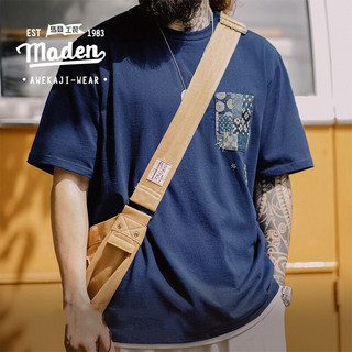 Retro nam thanh niên mùa hè 2024 cây mới nhuộm màu xanh cổ vải chắp vá túi áo thun Mỹ chàm cotton nguyên chất ngắn tay