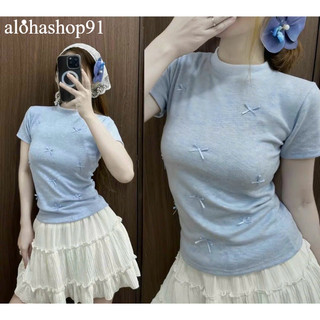 [ mẫu mới ] Áo thun babytee đính nơ xinh, Áo thun vạt bầu tay ngắn đính nhiều nơ cổ cao fom ôm body xinh lắm alohashop91