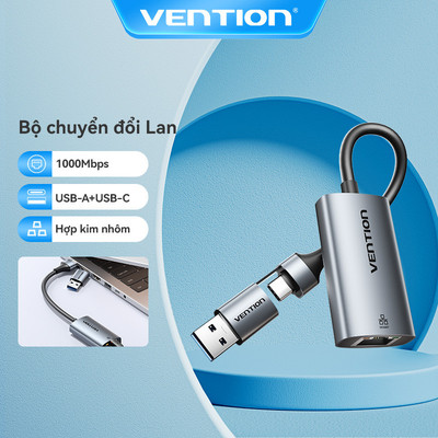 Vention Dual-Port Type-C / USB-A Gigabit Ethernet Hợp kim nhôm 1000Mbps cho MacBook / Surface / Laptop Plug Play Kết nối RJ45 ổn định