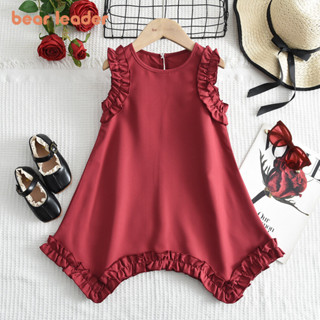  BEAR LEADER Gấu Leader trơn 3 4 5 6 7 Tuổi Váy bé gái màu đỏ viền tai Hàn Quốc Quần áo không tay không đều Hồi giáo Raya Ngày lễ Giáng sinh cho trẻ em Mặc thường ngày 